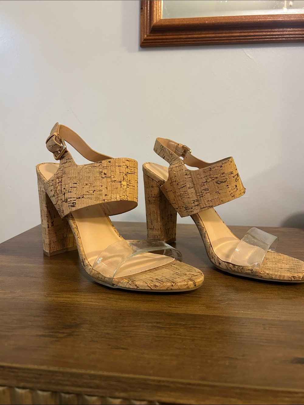 Wild Diva Cork Block Heel Sandals with Clear Toe Strap - Beige